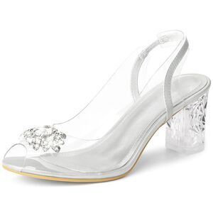Clear Slingback Rhinestone Peep Toe Block Heels Silver Sandals